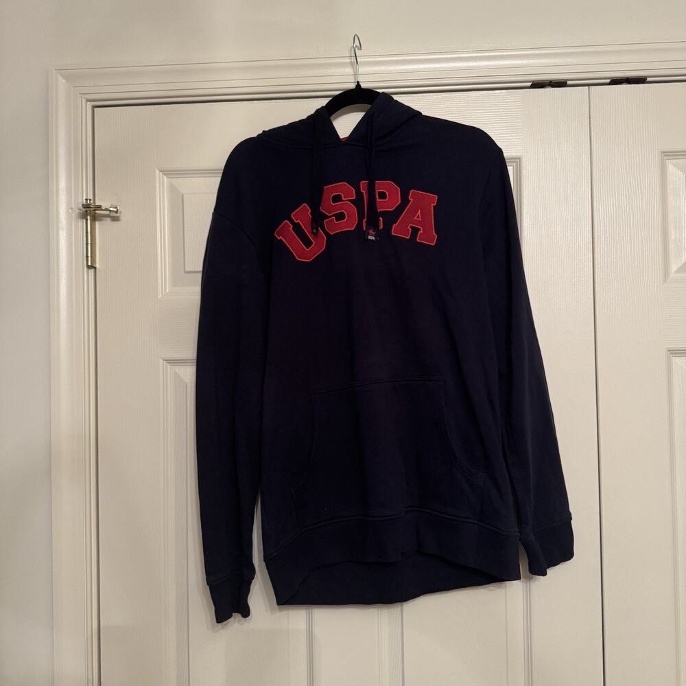 US Polo Assn Pullover Hoodie Navy Blue Big Red USPA Applique Spellout Logo